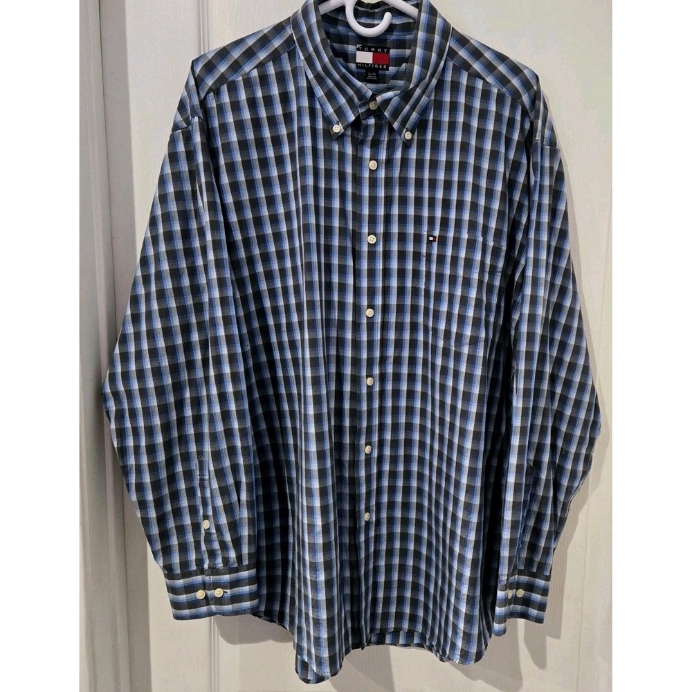 VTG Tommy Hilfiger‎ Long Sleeve Button Up Shirt XL Blue Plaid Classic Preppy
